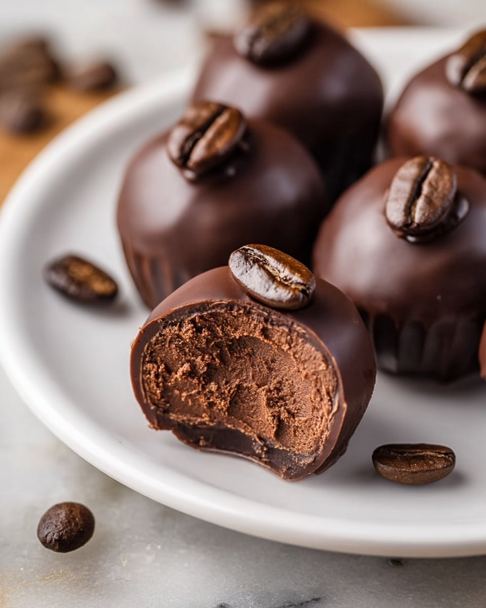 The image shows round chocolate truffles on a white plate, each covered with a smooth dark chocolate layer. One truffle in the front has a bite taken out, revealing a thick, creamy, dark brown chocolate filling inside. Each truffle is topped with two glossy coffee beans, and a few whole coffee beans are scattered around the plate edges. The plate rests on a white marbled surface, adding light texture to the background. photo taken with an iphone --ar 4:5 --v 7