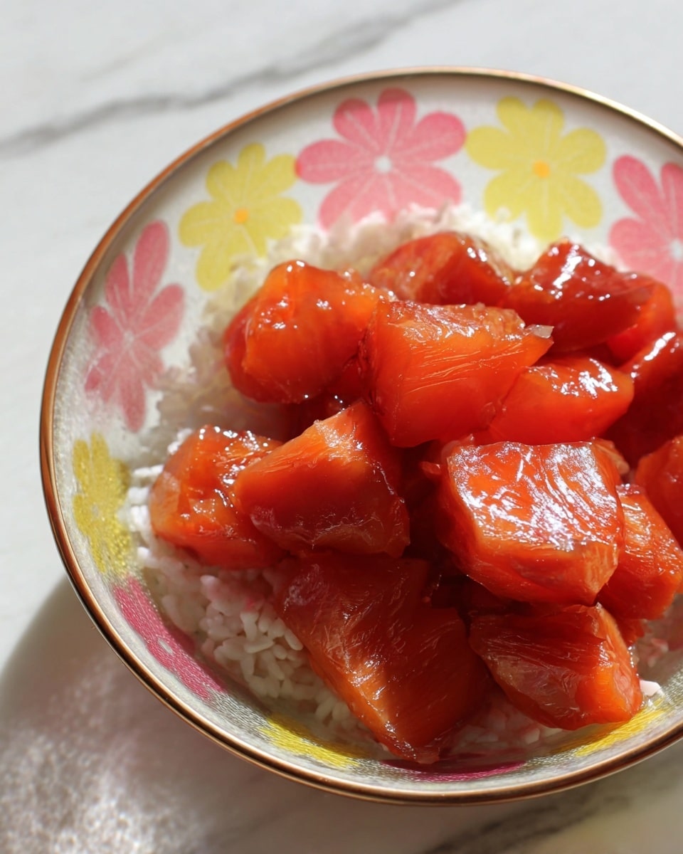 The image shows a close-up of a glass bowl with small yellow and pink flower patterns on the sides, filled with several chunky pieces of glossy, vibrant red-orange food that look tender and shiny, stacked loosely within the bowl. The bowl is placed on a surface with a white marbled texture visible in the background. Photo taken with an iphone --ar 4:5 --v 7