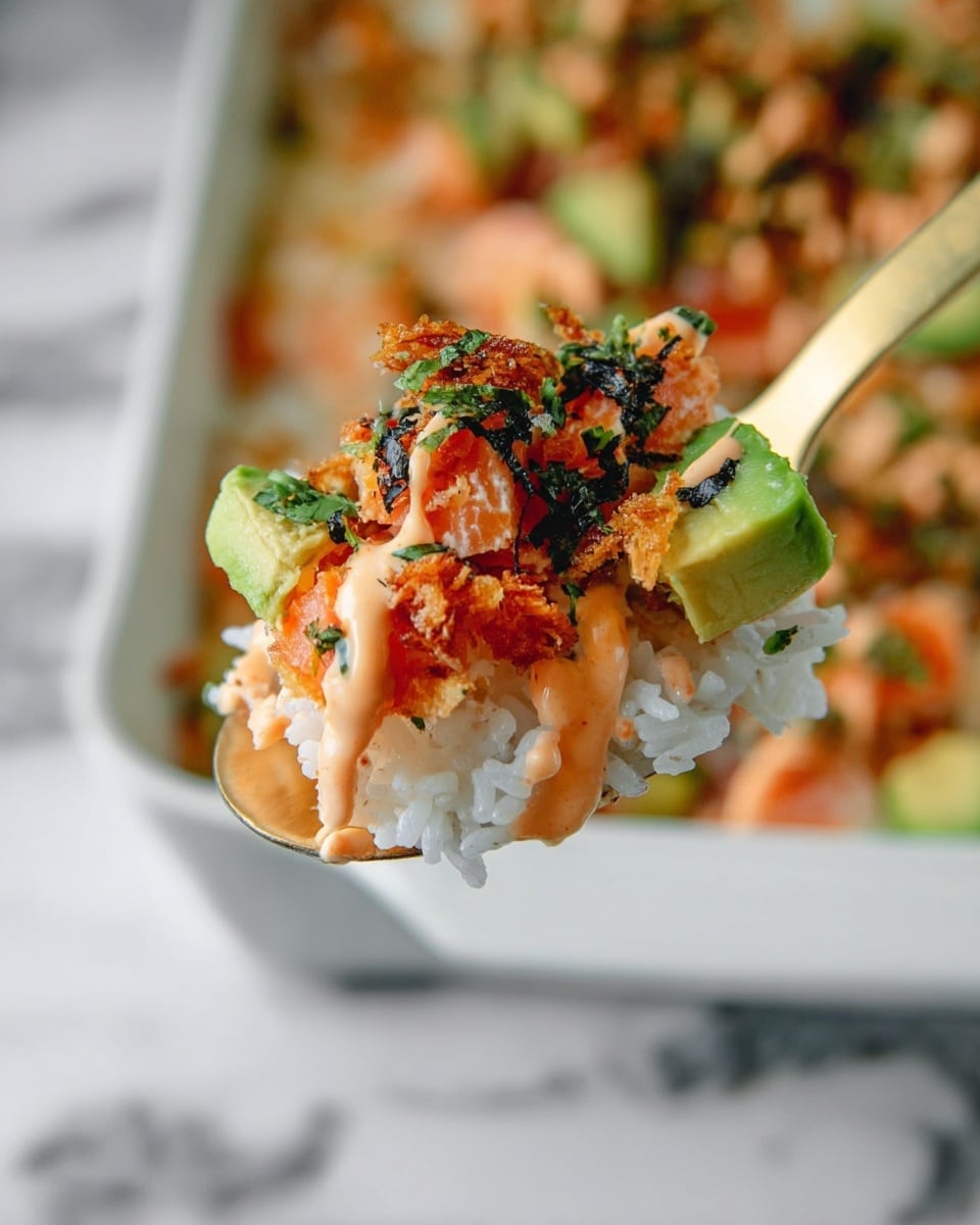 A close-up of a gold spoon holding a layered bite-sized dish starting with a base of white rice at the bottom, topped by small pieces of orange salmon with a slightly crispy texture, scattered light green avocado cubes with black seaweed flakes, and drizzled with a creamy orange sauce. There are also crispy brown fried onions and green chopped herbs spread on top. The spoon is held above a white marbled surface, with a blurred white baking dish filled with the same dish in the background. photo taken with an iphone --ar 4:5 --v 7