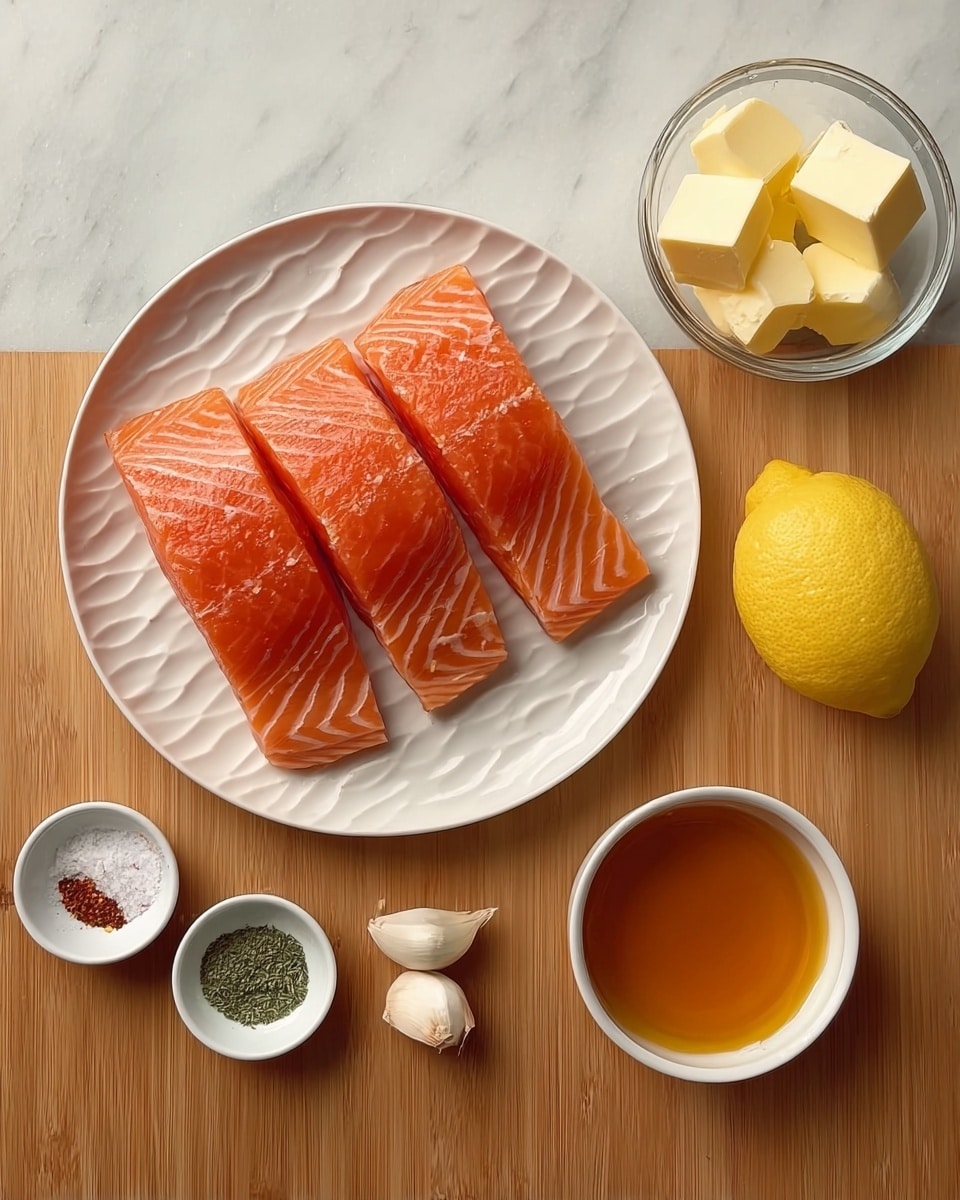 Four thick raw salmon fillets with bright orange flesh and white lines lie side by side on a white plate with a subtle wavy pattern, placed on a wooden surface. To the right of the plate, there is a whole lemon. Above the plate, a clear glass bowl holds several pale yellow butter cubes. Below the plate, a small white bowl contains amber-colored liquid, likely syrup or sauce. To the left, a small white dish holds four piles of seasonings—white salt, dark pepper, green herbs, and red spice. Two cloves of garlic rest near the small bowl. The whole scene is set on a white marbled background. Photo taken with an iphone --ar 4:5 --v 7