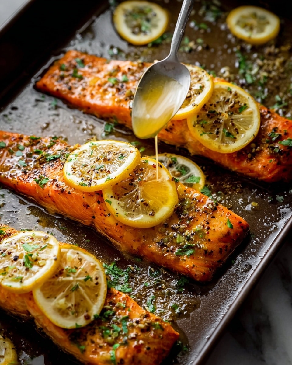 Three grilled salmon pieces lie on a dark pan, each topped with yellow lemon slices and sprinkled with green herbs and black pepper. The salmon is bright orange with a slightly shiny, moist texture. A silver spoon above the fish drizzles a clear golden sauce over one piece. The pan rests on a white marbled surface. photo taken with an iphone --ar 4:5 --v 7