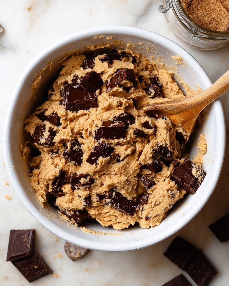 A white bowl filled with thick, chunky light brown cookie dough mixed with large, dark brown chocolate chunks scattered throughout. The dough looks soft and sticky, with a wooden spoon partially buried on the right side inside the bowl. The bowl sits on a white marbled surface with small pieces of chocolate and a jar of brown sugar nearby. photo taken with an iphone --ar 4:5 --v 7