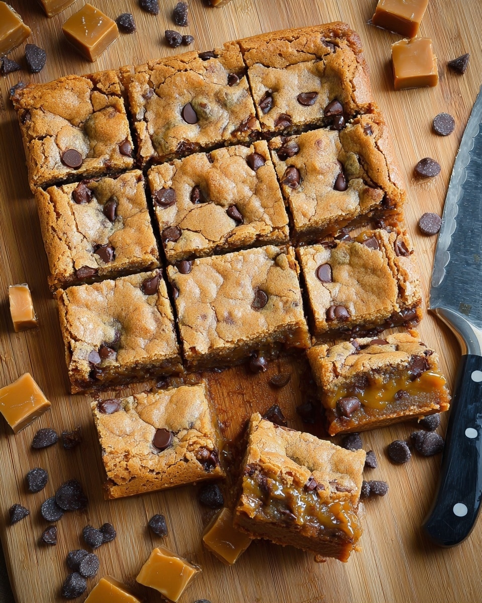 The image shows a square tray of caramel chocolate chip bars cut into nine large square pieces in the center and surrounded by smaller rectangular pieces on a wooden board. The bars have a cracked golden-brown top layer with dark chocolate chips scattered throughout. Inside, a rich caramel layer is visible, contrasting with the warm brown dough. Around the bars, there are scattered whole chocolate chips and individually wrapped caramel cubes. A large knife with a black handle lies on the right side of the board. The scene is bright and detailed, capturing the moist texture and glossy caramel inside the bars. photo taken with an iphone --ar 4:5 --v 7