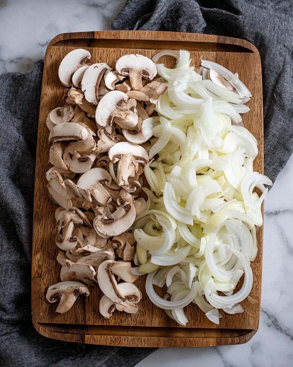 The image shows a wooden board with two main layers of ingredients placed side by side. On the left side, there is a thick pile of light brown mushrooms, sliced to show their white inside and gills, with some slices showing stems and caps clearly. On the right side, there is a large heap of white onion slices, cut into curved, translucent layers with visible inner rings. The wooden board rests on a surface with a white marbled texture, and a dark gray cloth is partially visible in the upper left corner. Photo taken with an iphone --ar 4:5 --v 7