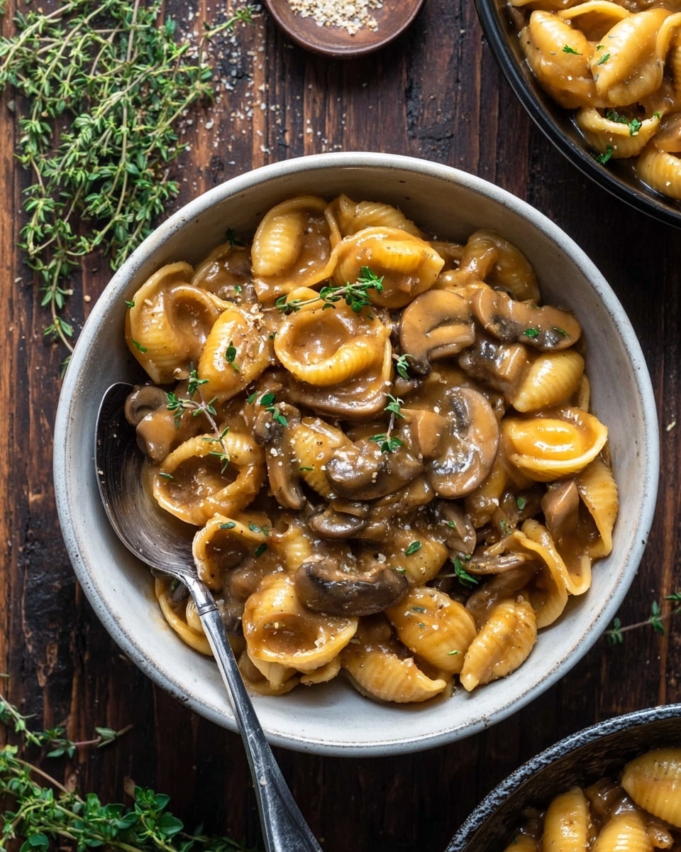 A white bowl filled with yellowish-brown pasta shells covered in a thick, shiny mushroom sauce with sliced brown mushrooms mixed in. Fresh green thyme leaves are scattered on top for garnish. A silver spoon is placed inside the bowl on the left side. The bowl sits on a dark wooden surface with some fresh herbs nearby and a small dish with more seasonings close at hand. Another bowl with the same pasta is partially visible on the right edge. Photo taken with an iphone --ar 4:5 --v 7