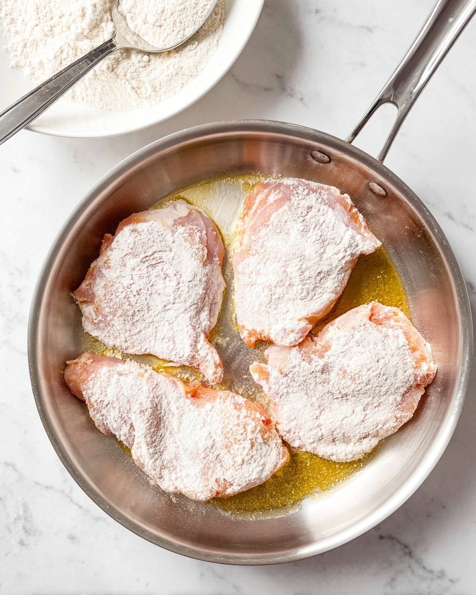 A shiny stainless steel pan holds four raw chicken pieces coated in a light layer of white flour, each piece slightly pink showing through the flour. The chicken pieces are spaced evenly inside the pan, which has a thin layer of oil with a golden shine around them. In the upper left corner, part of a white bowl with more flour and a silver spoon resting inside is visible. The whole scene sits on a white marbled surface. photo taken with an iphone --ar 4:5 --v 7