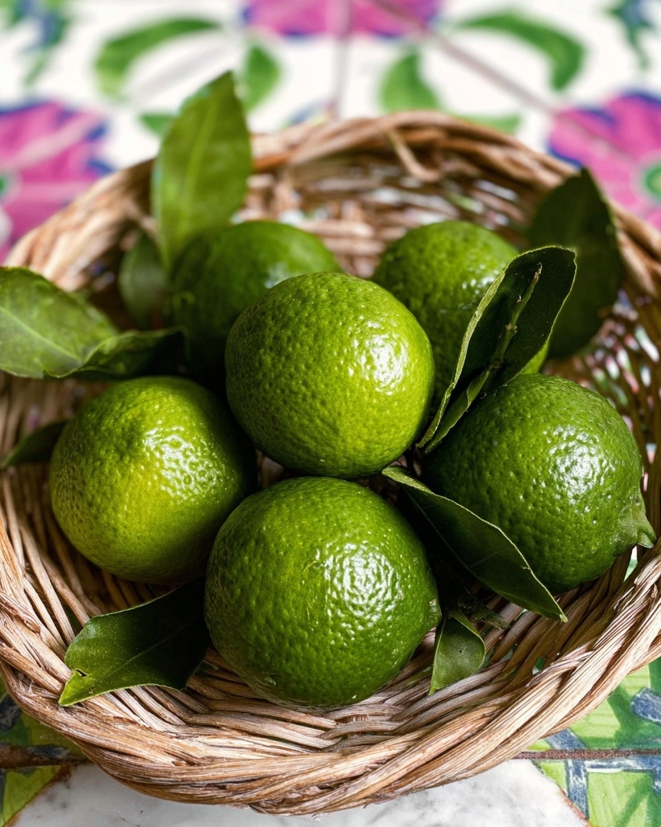 A close-up view of a woven basket filled with seven fresh green limes, some with attached dark green leaves. The limes have a shiny, textured surface, and the basket is placed on a white marbled surface with a blurred colorful floral tile pattern in the background, showing pink and green hues. The basket has a natural light brown color with twisted braided details. The lighting highlights the freshness and slight glossiness of the limes. photo taken with an iphone --ar 4:5 --v 7