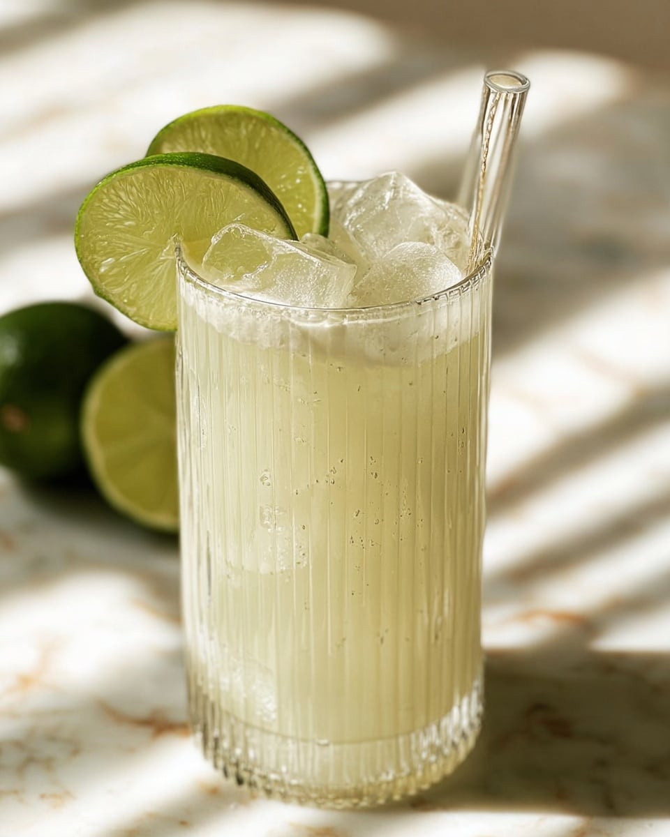 A tall ribbed clear glass filled with a creamy pale yellow drink, topped with several clear ice cubes, and two fresh lime wedges resting on the rim. A transparent straw is placed on the side inside the glass. The glass sits on a white marbled surface, with soft sunlight casting gentle shadows in the background. photo taken with an iphone --ar 4:5 --v 7