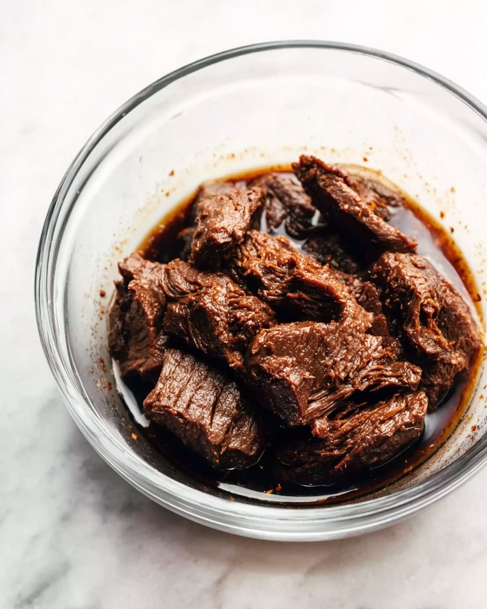 In a clear glass bowl placed on a white marbled surface, there are several uneven pieces of dark brown cooked meat with a slightly oily, shiny texture. The meat looks soft and moist, with some pieces appearing thicker and others thinner, all sitting in a pool of dark brown juice at the bottom of the bowl. The pieces have a rough, fibrous surface that suggests they have been slowly cooked. Photo taken with an iphone --ar 4:5 --v 7