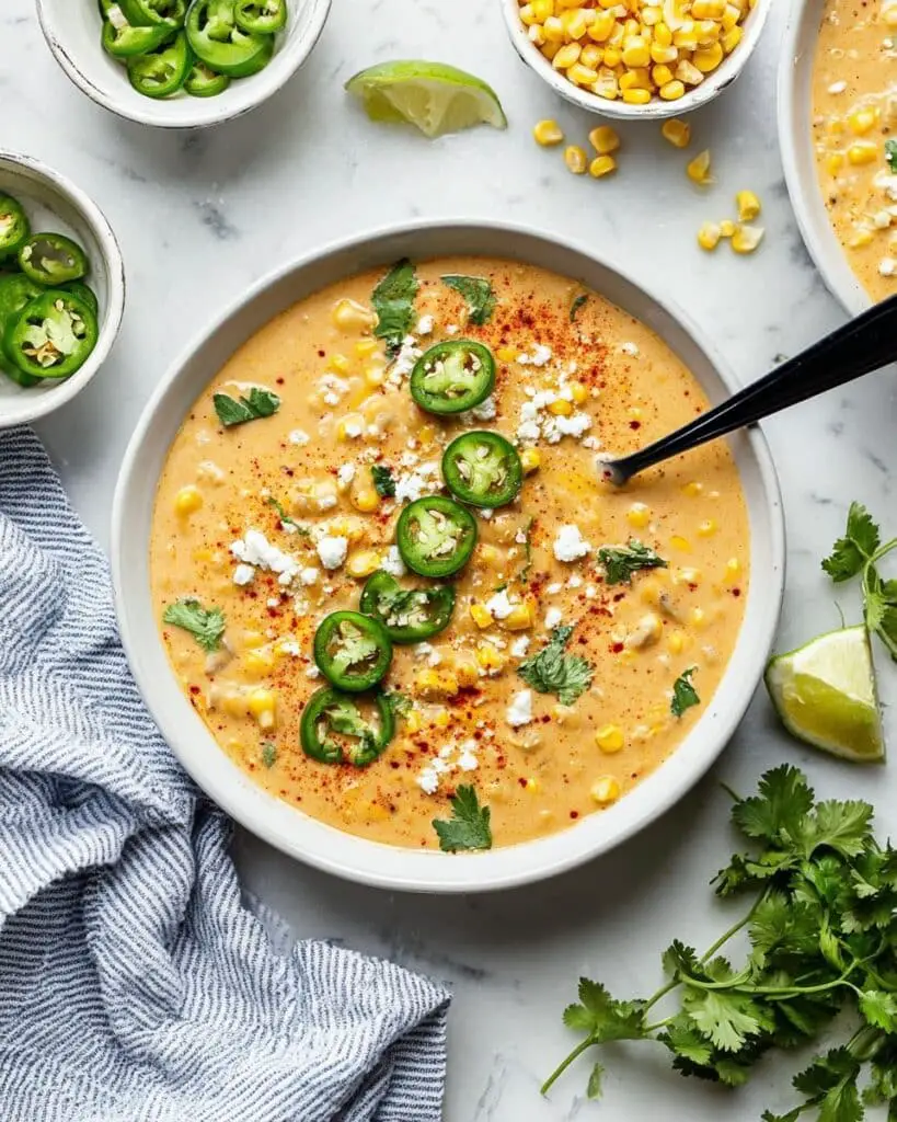 Street Corn Chicken Chowder with Charred Corn, Cream Cheese, and Cotija Recipe