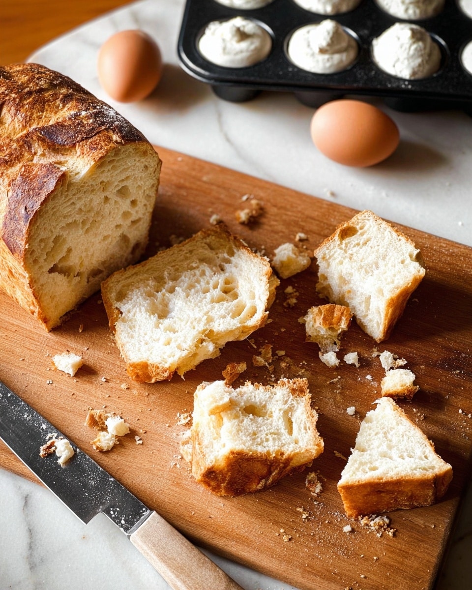 A loaf of bread with a golden crust and soft, white inside sits on a wooden cutting board. Several pieces of bread, mostly square and one smaller triangular piece, are scattered around the larger loaf, showing the airy texture inside. There are crumbs on the board and a knife with a black handle resting near the bread. In the background, there is a black muffin tray with white dough in some compartments and three brown eggs on the left side. The scene is set on a white marbled surface. photo taken with an iphone --ar 4:5 --v 7