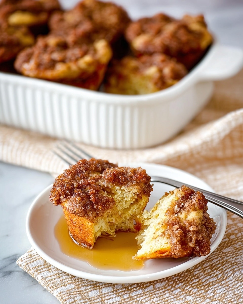 The image shows several small muffins with a crumbly brown topping placed inside a white ceramic baking dish in the background, sitting on a white marbled surface with a beige checkered cloth underneath. In the foreground, a single muffin, broken open to reveal a light yellow, moist texture inside, rests on a small white plate, with a silver fork beside it. There is some syrup or sauce pooled slightly on the plate around the muffin. The lighting highlights the contrast between the crunchy top layer and the soft inside of the muffin. Photo taken with an iphone --ar 4:5 --v 7