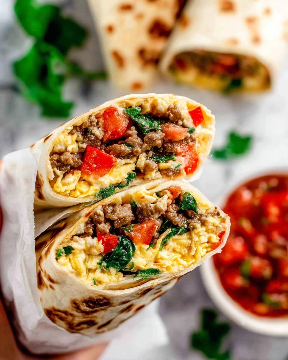A close-up view of a sliced wrap held by a woman's hand wrapped in white paper, showing three layers: a soft white tortilla on the outside with toasted brown spots, a middle layer filled with light yellow scrambled eggs mixed with green spinach leaves, and an inner layer of browned ground meat and diced red bell peppers scattered throughout. The background surface is a white marbled texture with blurred green leafy garnish and a white bowl of chunky red salsa. Photo taken with an iphone --ar 4:5 --v 7