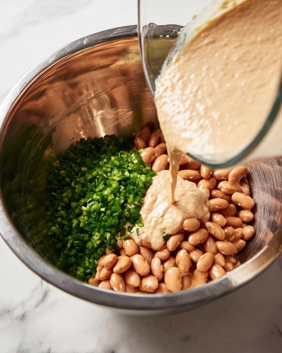 A shiny silver metal mixing bowl sits on a white marbled surface. Inside the bowl, there are light brown beans on one side, bright green chopped pieces beneath them, and a creamy beige liquid being poured from a clear container into the bowl, spreading over the beans and green pieces. The bowl's round shape and smooth interior reflect light softly, and the mixture layers create a mix of smooth, firm, and liquid textures. Photo taken with an iphone --ar 4:5 --v 7