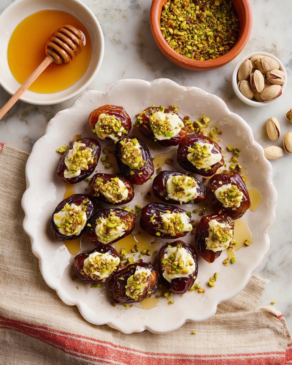 A white scalloped plate holds about fifteen dried dates, each split and filled with a creamy white cheese layer, topped with chopped green pistachios. The dates vary slightly in color from deep brown to dark reddish hues, and some honey droplets are drizzled on the plate and dates, adding a glossy look. Around the plate, on a beige textured surface, are a small white bowl with more chopped pistachios, a wooden bowl with whole pistachios, a white scalloped bowl filled with honey with a wooden honey dipper inside, and one stuffed date on the surface. A beige cloth with red stitched lines lies partly under the plate. The background is changed to a white marbled texture. photo taken with an iphone --ar 4:5 --v 7