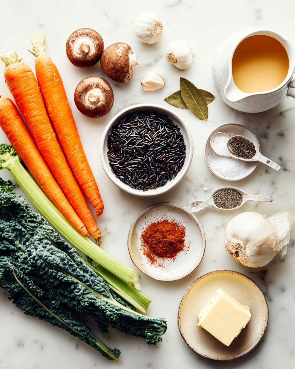 The image shows an arrangement of fresh and dry ingredients placed neatly on a white marbled surface. At the center is a small white bowl filled with dark wild rice grains that have a rough texture. Surrounding it are bright orange carrots, green celery stalks, and dark green leafy kale, all fresh and crisp. Three brown mushrooms with smooth caps sit near two white onion halves. A small white plate holds a round bowl filled with reddish-brown spice powder next to two white measuring spoons containing black pepper and salt. To the right, there is a white pitcher filled with cream and a small white speckled jug with golden liquid, possibly broth or oil. A small beige plate contains a stick of light yellow butter. A few garlic cloves and a bay leaf are scattered near the top of the image. The whole setup looks clean and ready for cooking photo taken with an iphone --ar 4:5 --v 7