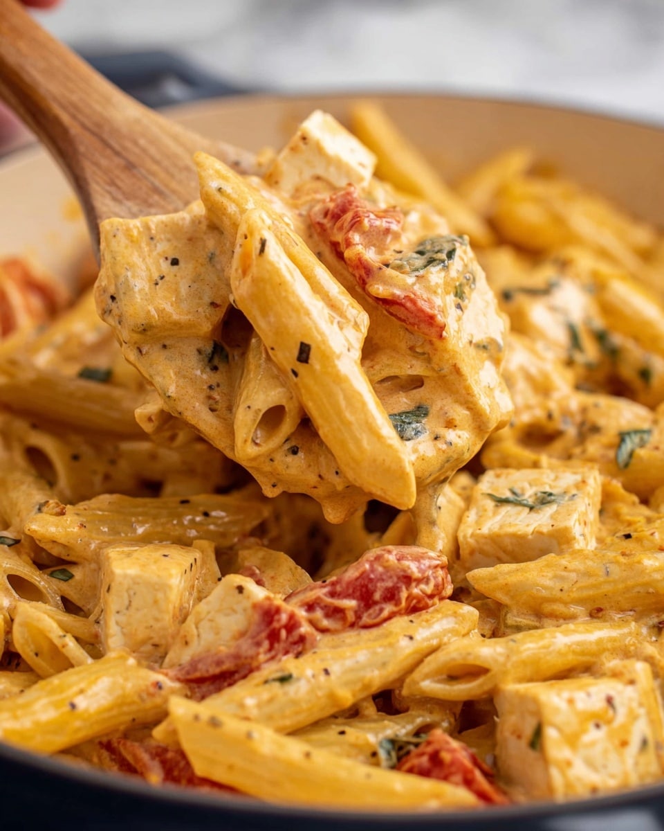 The image shows a close-up view of a creamy pasta dish with three main layers: the bright yellow penne pasta forming the base, soft white pieces of tofu or similar mixed throughout, and scattered red tomato chunks adding color. The sauce coating the layers is a smooth, light orange with specks of black pepper and green herbs visible, making the texture creamy and rich. A wooden spoon, held by a woman's hand, lifts a portion of the pasta and sauce, highlighting the thick, velvety consistency. The background is a white marbled texture with a slight blur, focusing all attention on the warm and inviting pasta. photo taken with an iphone --ar 4:5 --v 7