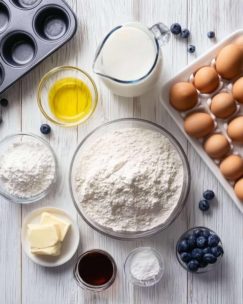 The image shows a top view of ingredients arranged neatly on a white wooden surface with a white marbled texture background. In the center, there is a clear glass bowl full of white flour with a few scoops taken out on its surface. Surrounding it are a small glass bowl with yellow oil at the bottom center, a glass bowl with white sugar to the left, and a small clear bowl with white powder (likely baking powder) to the right. At the top center, a clear measuring jug holds white milk. To the right, there is a white tray holding six whole brown eggs, with a few blueberries scattered at the upper right corner. A small glass container with dark brown liquid (likely vanilla) is placed next to an empty white bowl on the left. At the upper left corner, there is an empty dark muffin tray partially visible. The setup is simple and clean, with a focus on the baking ingredients. Photo taken with an iphone --ar 4:5 --v 7