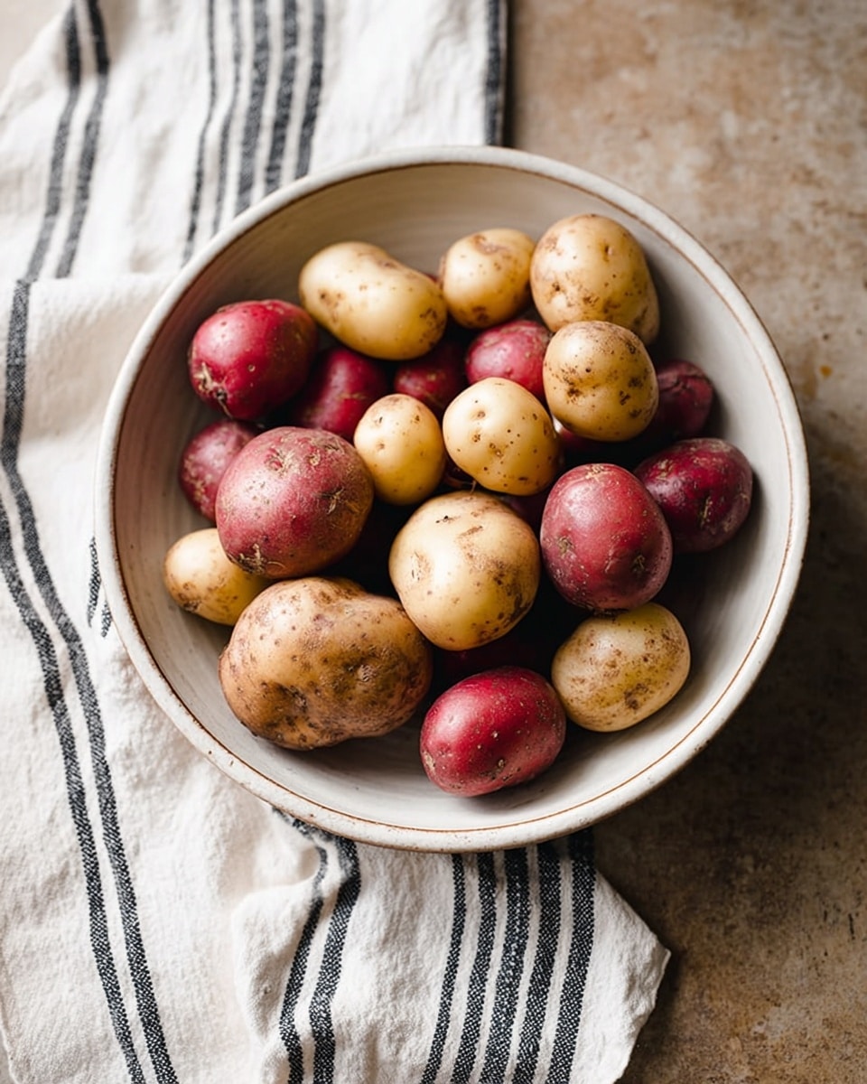 A white ceramic bowl filled with a mix of small red and yellow potatoes, showing some natural dirt spots on their skins. The bowl sits on a white marbled textured surface, with a white cloth featuring thin black stripes neatly placed beside it. The potatoes vary slightly in size, stacked casually inside the bowl, showing a rustic and fresh look. The surrounding scene has a warm and simple kitchen feel. Photo taken with an iphone --ar 4:5 --v 7