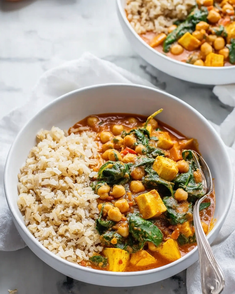 A white bowl sits on a white marbled surface, filled halfway with light brown rice on the left side and a bright orange curry with chickpeas, green leafy spinach, and yellow paneer cubes on the right. A silver fork rests inside the bowl on the right edge, slightly touching the curry. In the background, another similar white bowl with the same dish is slightly blurred. Photo taken with an iphone --ar 4:5 --v 7