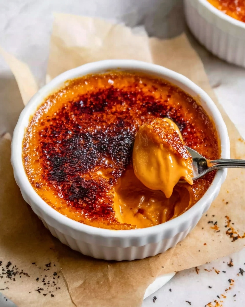 The image shows a white round ramekin filled with a smooth orange custard-like dessert topped with a dark caramelized burnt sugar layer. The burnt sugar is unevenly browned with some darker spots and cracks. A spoon is scooping out a soft, creamy portion from the center, revealing the thick orange layer underneath the caramel crust. The ramekin is placed on a folded beige paper next to a white marbled surface. There are some scattered crumbs and black specks around the dessert. photo taken with an iphone --ar 4:5 --v 7