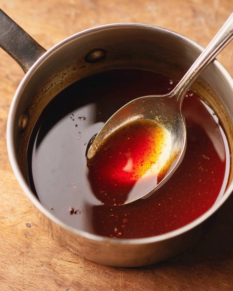 A close-up photo shows a metallic saucepan filled with a dark reddish-brown liquid sauce with a shiny, smooth texture. A silver spoon rests in the sauce, its curved surface reflecting light and some splash of the liquid. The saucepan is placed on a white marbled surface, and the warm tones of the wooden table are visible at the very bottom edge. The spoon handle extends out of the frame towards the left. photo taken with an iphone --ar 4:5 --v 7