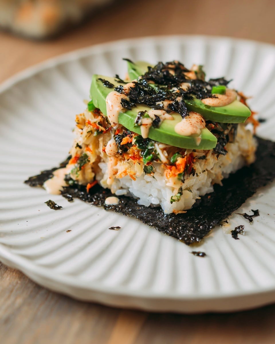 A small square of dark seaweed lies flat on a white plate with ridged edges. On the seaweed, there is a thick, slightly rounded layer of white sticky rice as the base. Above the rice, there is a mixed layer with orange shredded pieces, green chopped scallions, and a light tan sauce drizzled unevenly. On top of this, two slices of bright green avocado are placed side by side, also drizzled with a light pinkish-orange sauce and sprinkled with small black seaweed flakes. The white marbled texture surface is visible under the plate. photo taken with an iphone --ar 4:5 --v 7