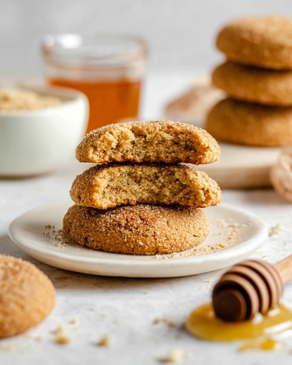 The image shows a soft cookie broken in half, stacked with the top piece resting slightly on the bottom piece, both having a light brown color with a crumbly texture. The cookie sits on an upside-down white plate on a white marbled surface. In the blurred background, there is a stack of three similar cookies, a small white bowl with crumbs, and a glass jar with honey. The foreground shows a wooden honey dipper resting diagonally on the white marbled surface with some crumbs and a bit of honey near it. Photo taken with an iphone --ar 4:5 --v 7