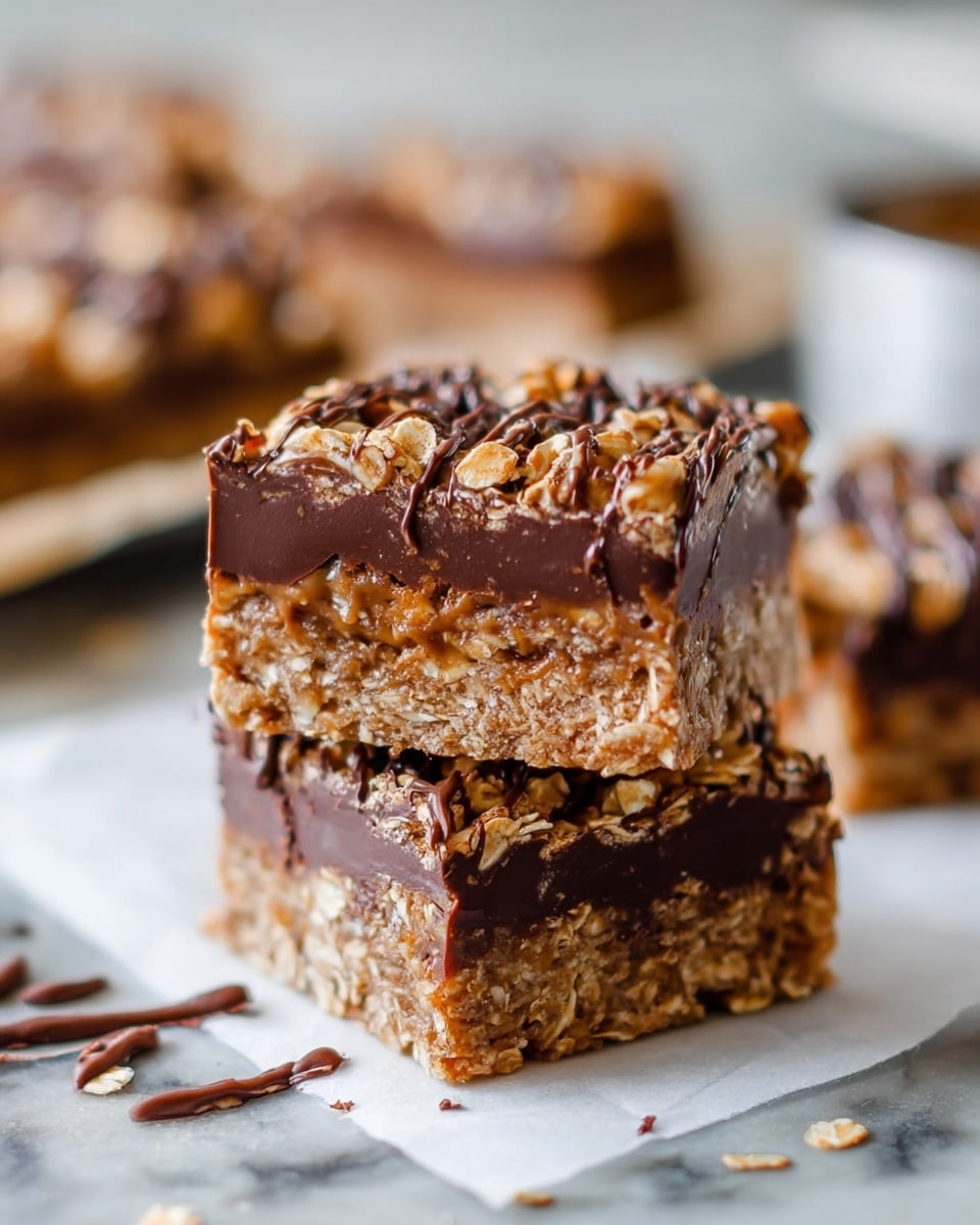 The image shows two stacked dessert bars with three clear layers. The bottom layer is a dense, light brown oat base with a rough texture. The middle layer is thick and dark brown chocolate, smooth and rich, taking up almost half of the height. The top layer is a mix of oats and chocolate drizzled over in a scattered pattern, giving a crunchy and slightly messy look. The dessert bars are on a white marbled surface, and there is a blurred background with more bars and a round cutter. Photo taken with an iphone --ar 4:5 --v 7