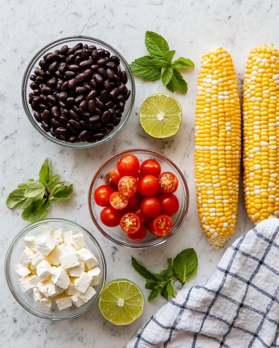 The image shows a white marbled surface with three glass bowls arranged in a loose triangle. The top bowl is filled with shiny black beans, the bottom left bowl holds soft white cheese, and the bottom center bowl contains bright red cherry tomatoes, some of which are sliced in half showing their juicy inside. On the right side, three ears of yellow corn with white patches rest next to a white and navy checkered cloth. Fresh green mint leaves and a lime cut in half and two lime wedges are placed near the bowls. The scene has a clean, fresh look, with all items spaced out neatly. Photo taken with an iphone --ar 4:5 --v 7