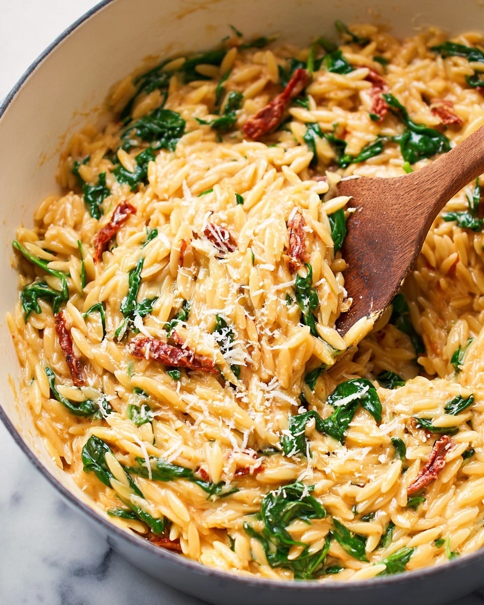 A close-up view of creamy orzo pasta mixed with vibrant green spinach leaves and thin strips of reddish sun-dried tomatoes, all coated in a smooth, light orange sauce with a slightly shiny texture. The orzo is well cooked, small and rice-shaped, blending evenly with the sauce, while some grated cheese is lightly scattered on top. A wooden spoon is partially immersed on the right side, stirring the creamy mixture in a white bowl with a soft white marbled surface. photo taken with an iphone --ar 4:5 --v 7