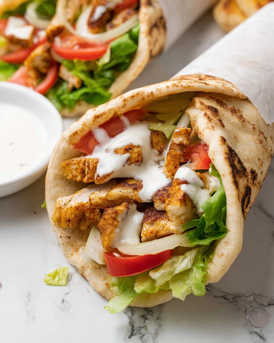 The image shows a close-up of a pita wrap filled with several layers. The base is a toasted pita bread with brown spots, wrapped halfway with white paper. Inside, there is a layer of green lettuce, topped with pieces of golden-brown cooked chicken, white onion slices, and bright red tomato pieces. Over the filling, there is a drizzle of white sauce. In the background, you can see parts of another similar wrap and some green lettuce on a white marbled surface, along with a white bowl filled with white sauce on the left side. photo taken with an iphone --ar 4:5 --v 7