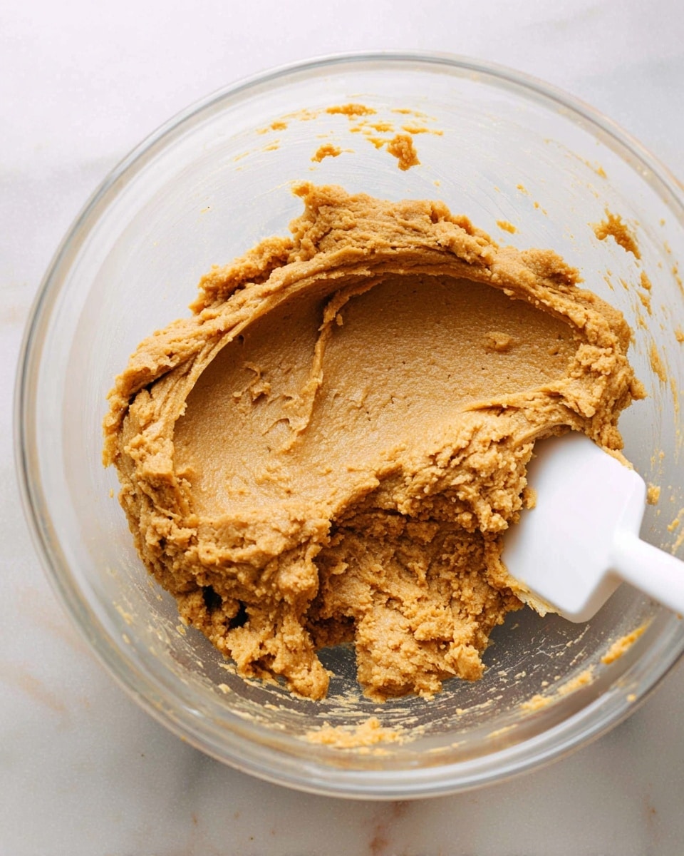 A clear glass bowl contains thick, light brown dough with a slightly rough texture, showing small uneven bits within it. The dough is pressed into a curved shape inside the bowl with a white spatula partially visible at the bottom right, slightly embedded in the dough. The bowl is placed on a white marbled surface, and a few small dough spots stick lightly to the inside sides of the bowl. Photo taken with an iphone --ar 4:5 --v 7