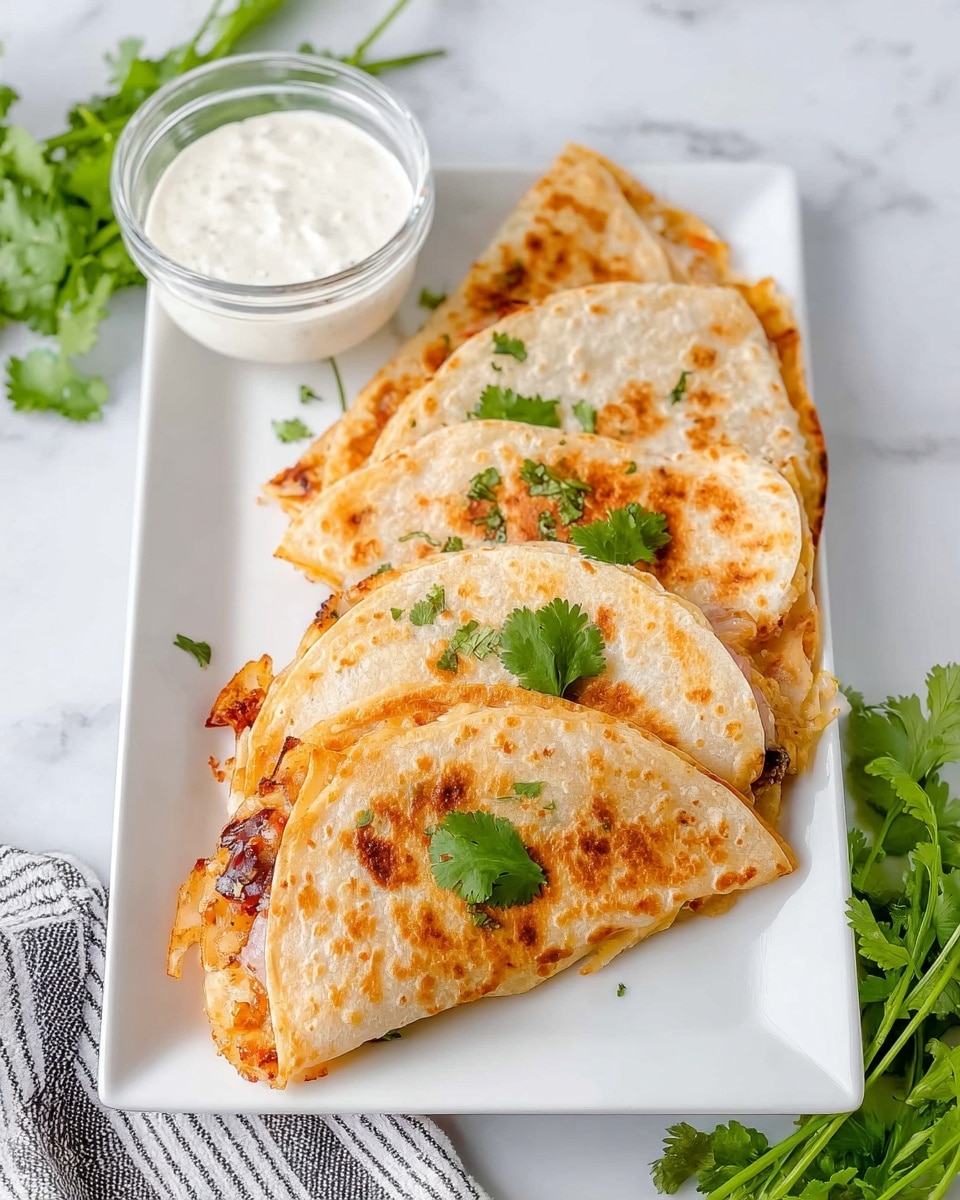 The image shows four golden-brown quesadillas folded in half and stacked neatly on a white rectangular plate, each quesadilla garnished with small green cilantro leaves on top. The quesadillas have a slightly crispy texture with some browned spots, and bits of filling peek out from the edges, suggesting melted cheese and vegetables inside. To the left side of the plate, there is a small clear glass bowl filled with white creamy dip, placed next to the quesadillas. The plate rests on a white marbled surface with a sprig of fresh cilantro lying nearby, and a striped cloth napkin is partially visible at the bottom right corner. Photo taken with an iphone --ar 4:5 --v 7