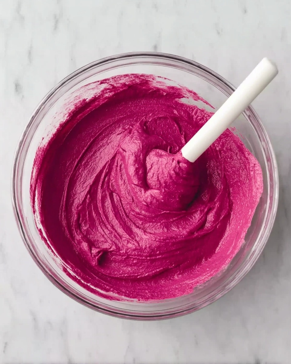 A clear glass bowl sits on a white marbled surface, filled with a thick, smooth, bright magenta mixture that looks creamy and well-blended with some soft swirling patterns on top. A white spatula rests inside the bowl, partially dipped into the mixture, showing the soft texture and consistency of the blend. Photo taken with an iphone --ar 4:5 --v 7