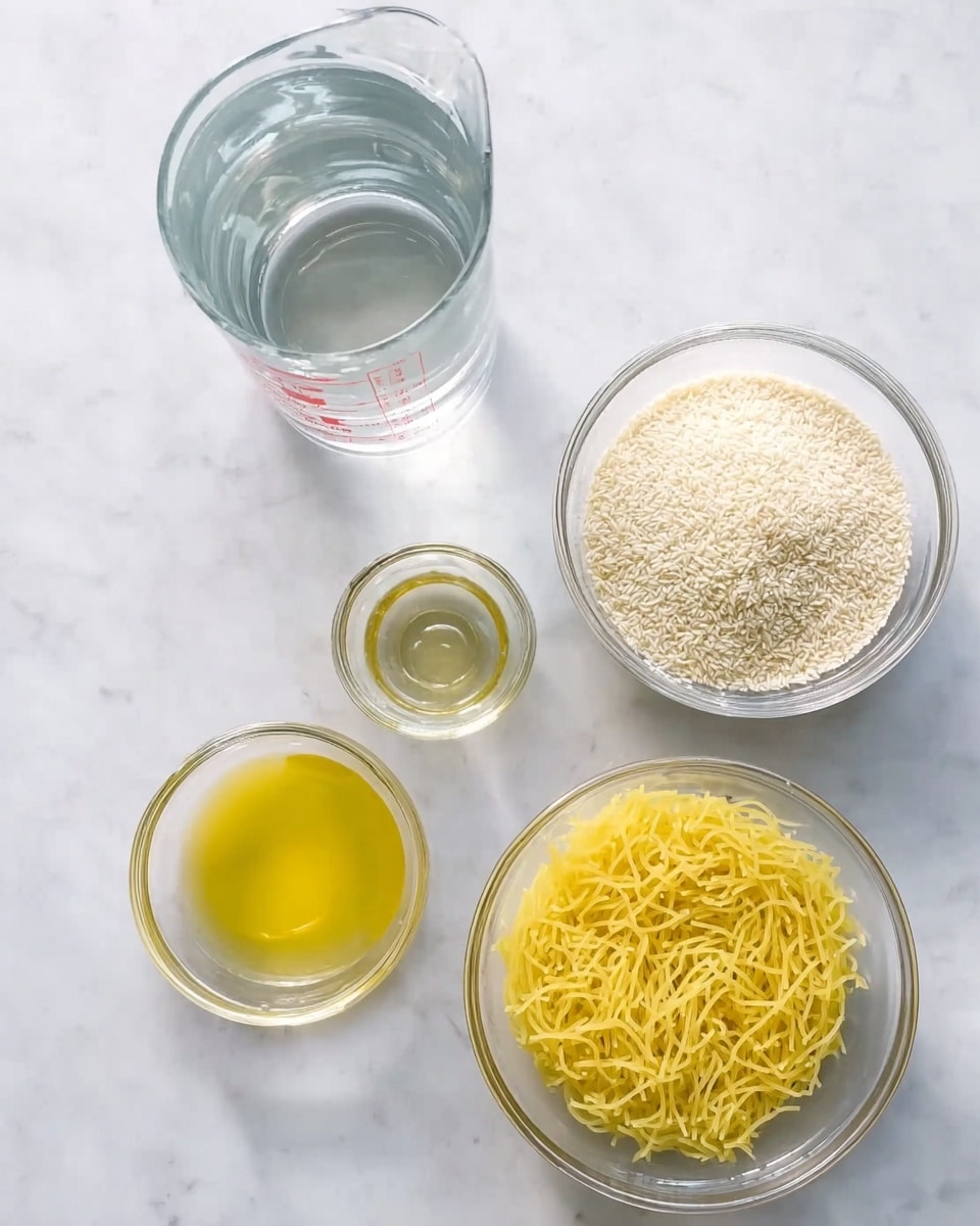 The image shows five glass bowls and a measuring cup on a white marbled surface. In the top center is a tall glass measuring cup filled with clear water. To the right of it is a large glass bowl full of white rice. Below that, another small glass bowl contains a clear liquid, likely oil. To the left of it is a small glass bowl with a yellow liquid, possibly melted butter or oil. Above that is a medium glass bowl filled with thin yellow noodles. All items are arranged neatly in a loose circular pattern. Photo taken with an iphone --ar 4:5 --v 7