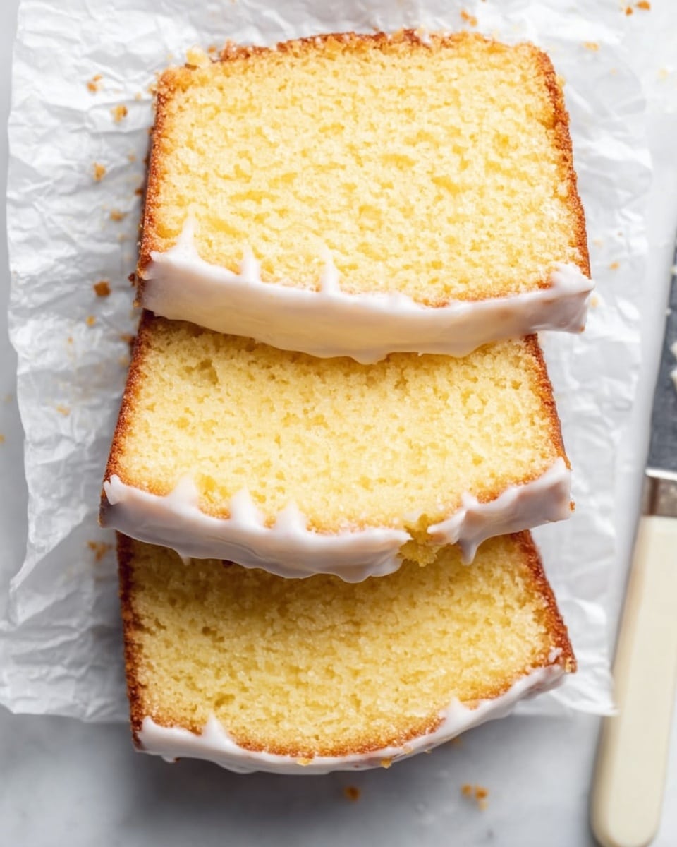 The image shows three slices of yellow pound cake with a light golden crust and moist texture, each slice topped with a thin layer of white icing that slightly drips on the sides. The slices are arranged vertically on white crumpled parchment paper placed on a white marbled surface. To the right of the cake slices, there is a knife with a white handle resting on the marble. The colors are soft and natural, highlighting the cake's fluffy interior and smooth icing. photo taken with an iphone --ar 4:5 --v 7