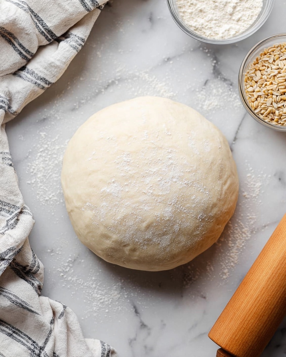 A smooth, round ball of pale dough lightly dusted with white flour sits in the center on a white marbled surface. Around it, on the top right side, there are two clear bowls, one filled with white flour and the other with grains. On the bottom right corner, there is a wooden rolling pin. On the left side, there is a white and black striped cloth partially shown. The dough looks soft and slightly shiny, with a few faint wrinkles on the top, and the whole scene is well lit with natural light photo taken with an iphone --ar 4:5 --v 7
