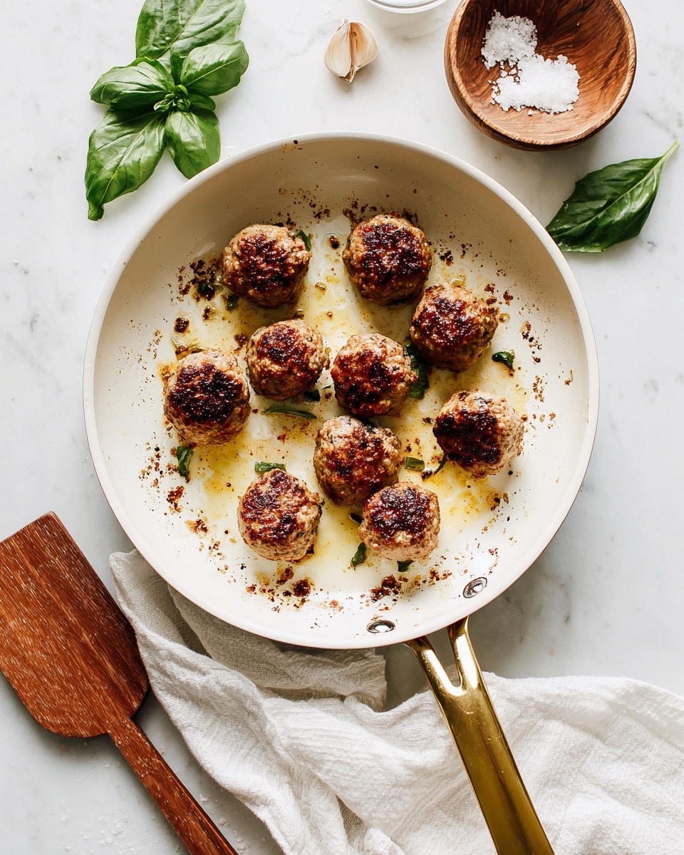 A white pan with a gold handle holds nine browned meatballs, arranged in a loose circle with some spaced apart in the center. The meatballs have a crispy dark brown crust with lighter golden and beige spots. Light oily residue and browned bits are scattered across the pan’s surface, showing the cooking process. To the left side of the image, a wooden spatula rests partially under the pan, and fresh green basil leaves lie on a white cloth. Above the pan, a wooden bowl with coarse salt and garlic cloves sit on a white marbled surface. Photo taken with an iphone --ar 4:5 --v 7