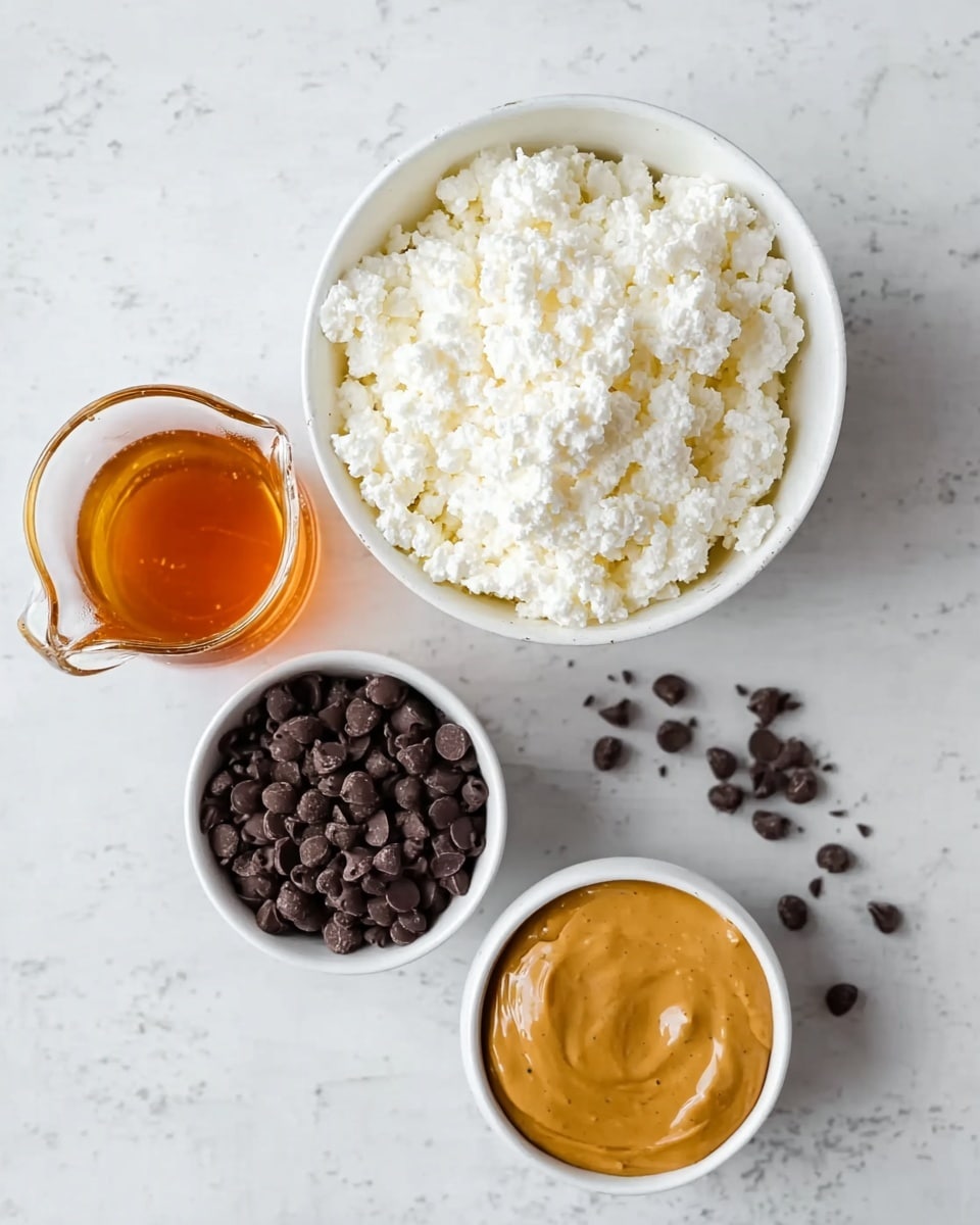 The image shows four items on a white marbled surface: a large white bowl filled with white cottage cheese that has a soft, grainy texture; a smaller white bowl with dark brown chocolate chips that look smooth and solid; a small glass pitcher filled with amber-colored honey with a thick liquid texture; and a white bowl containing a creamy peanut butter sauce with a light brown color and smooth texture. The items are arranged loosely in a diamond shape. Photo taken with an iphone --ar 4:5 --v 7