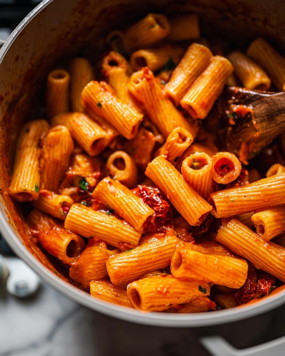 A close-up view of rigatoni pasta mixed with a rich, red tomato sauce, with visible herbs and small bits of sun-dried tomatoes scattered throughout. The pasta pieces are cylindrical and smooth, coated evenly in the glossy sauce, and some pieces show a bit of steam or shine that gives a fresh, warm look. The dish sits inside a light gray pot with handles on the sides, and a wooden spoon is partially visible, showing some sauce and pasta stuck to it. The background surface is a white marbled texture. photo taken with an iphone --ar 4:5 --v 7