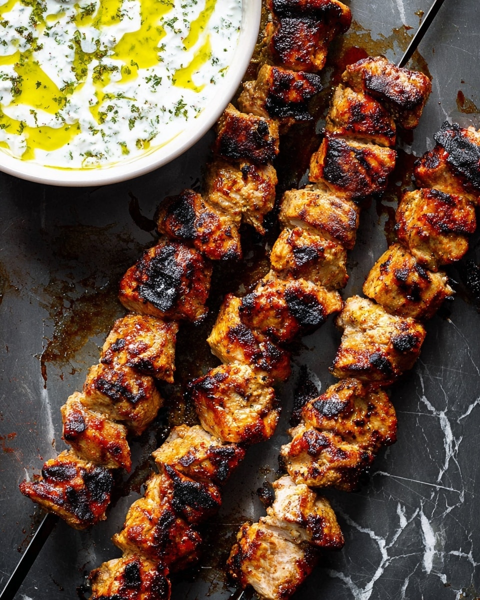 The image shows three metal skewers placed side by side on a dark metal surface with a white marbled texture. Each skewer holds several pieces of grilled meat that are evenly spaced, with a mix of golden brown and dark char marks, giving a slightly crispy look. The meat pieces have a textured surface with some shiny juicy spots where the marinade or oil reflects the light. In the upper left corner, there is a white bowl filled with a creamy white sauce with visible green herbs and a drizzle of yellow oil on top. The photo taken with an iphone --ar 4:5 --v 7