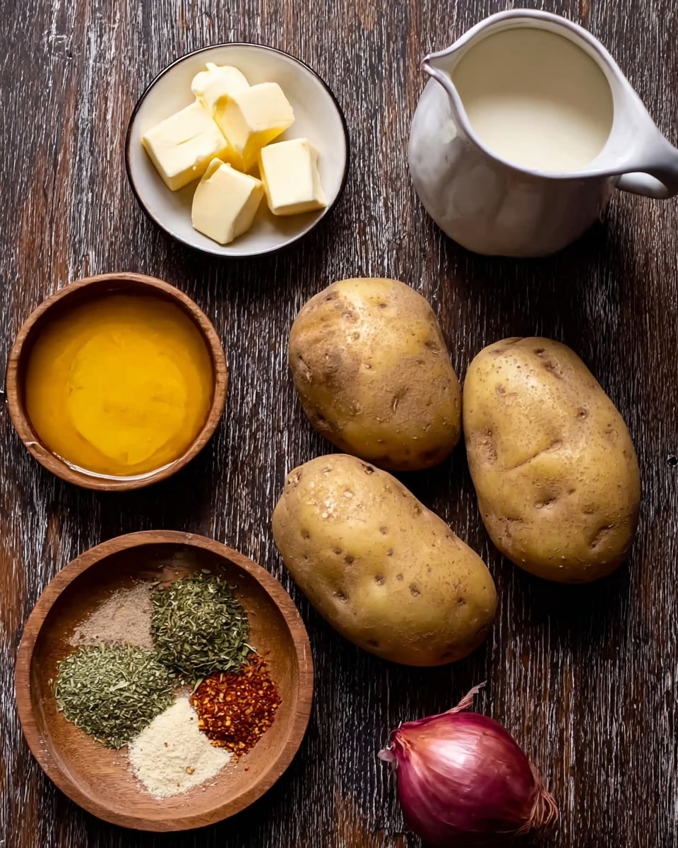 The image shows four whole potatoes placed on a dark wooden surface with a white marbled texture background. To the left, there is a small wooden bowl with three cubes of butter. Above the potatoes, there is a white bowl filled with orange-yellow melted butter. Near the top center, there is a round wooden bowl with different dried herbs and spices layer by layer: green dried herbs on the left, light beige dried herbs in the middle, and red spice on the right. To the top right, a white ceramic pitcher filled with cream is visible. Below the pitcher, there is a whole garlic bulb and a whole red onion, all arranged neatly. photo taken with an iphone --ar 4:5 --v 7