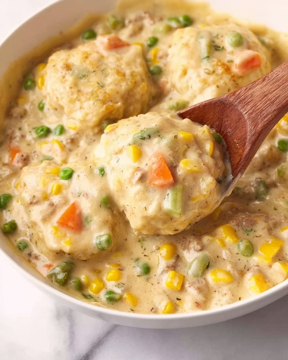 A close-up image of a creamy yellow dish in a white bowl, showing three round biscuit-like layers partially covered by thick sauce. The sauce is mixed with small colorful vegetables like green peas, orange carrot cubes, and yellow corn kernels, along with visible bits of ground meat and green beans. A wooden spoon is lifting a portion of the dish, highlighting the creamy texture and the biscuit base underneath. The dish looks rich and hearty, set on a white marbled surface. photo taken with an iphone --ar 4:5 --v 7