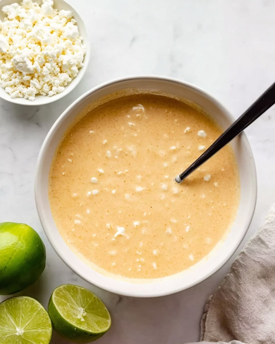 A white bowl is filled with a creamy, light orange sauce that has a slightly thick texture with small visible lumps. Inside the bowl, a black spoon rests, partially submerged in the sauce. To the upper left of the bowl, there is a small white bowl filled with crumbly white cheese. On the right side of the image, two green limes, one whole and one halved, are placed on a white marbled surface. The overall setting is clean and simple, with a soft natural light highlighting the different textures. photo taken with an iphone --ar 4:5 --v 7