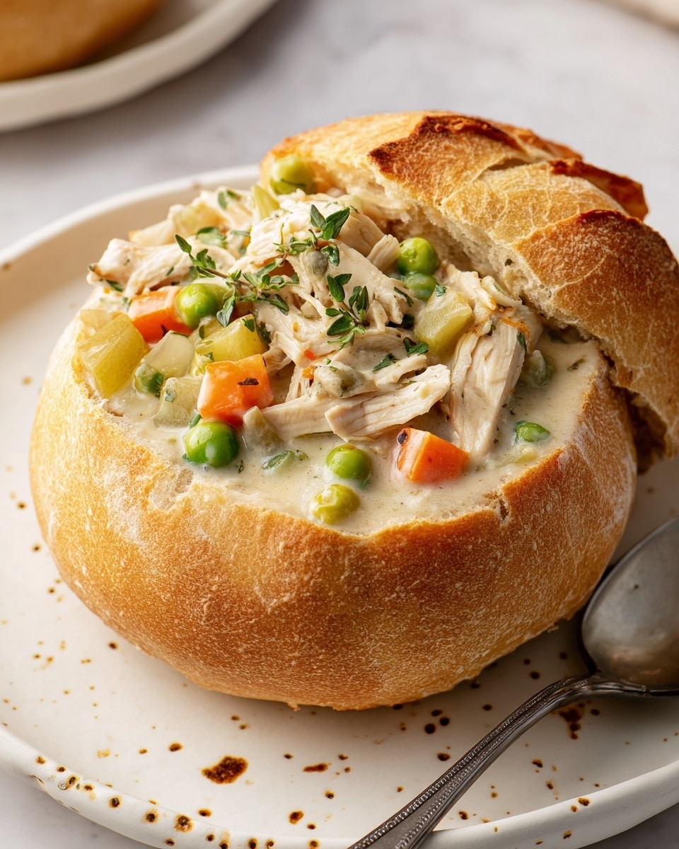 A round bread bowl with a golden brown crust is filled with a creamy chicken and vegetable stew. The stew has visible layers of shredded white chicken, bright green peas, orange carrot chunks, pale celery, and small herbs on top, all mixed in a light creamy sauce. The bread's top is slightly tilted open showing the stew inside. The bread bowl sits on a white plate with small brown specks, placed on a white marbled surface. A metal spoon rests beside the bread bowl on the plate. Photo taken with an iphone --ar 4:5 --v 7