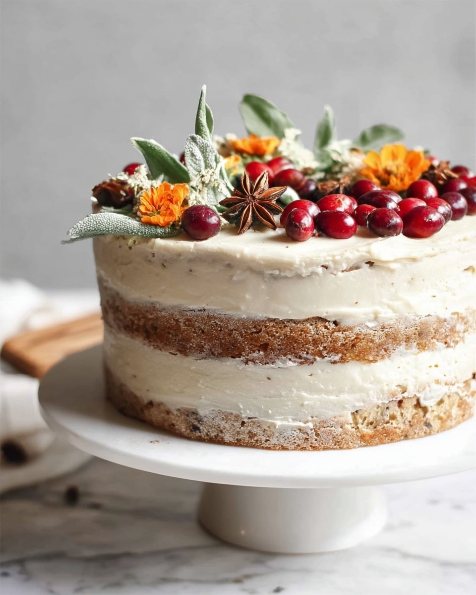 The cake is shown on a white cake stand with a white marbled surface below. It has three visible layers of light brown cake separated by creamy white frosting that is spread smoothly but shows some cake edges through it. On top, there are fresh red cranberries scattered with green fuzzy leaves, dark dried star anise pods, and bright orange edible flowers for decoration. The overall look is natural and rustic with soft textures and a light color palette. Photo taken with an iphone --ar 4:5 --v 7