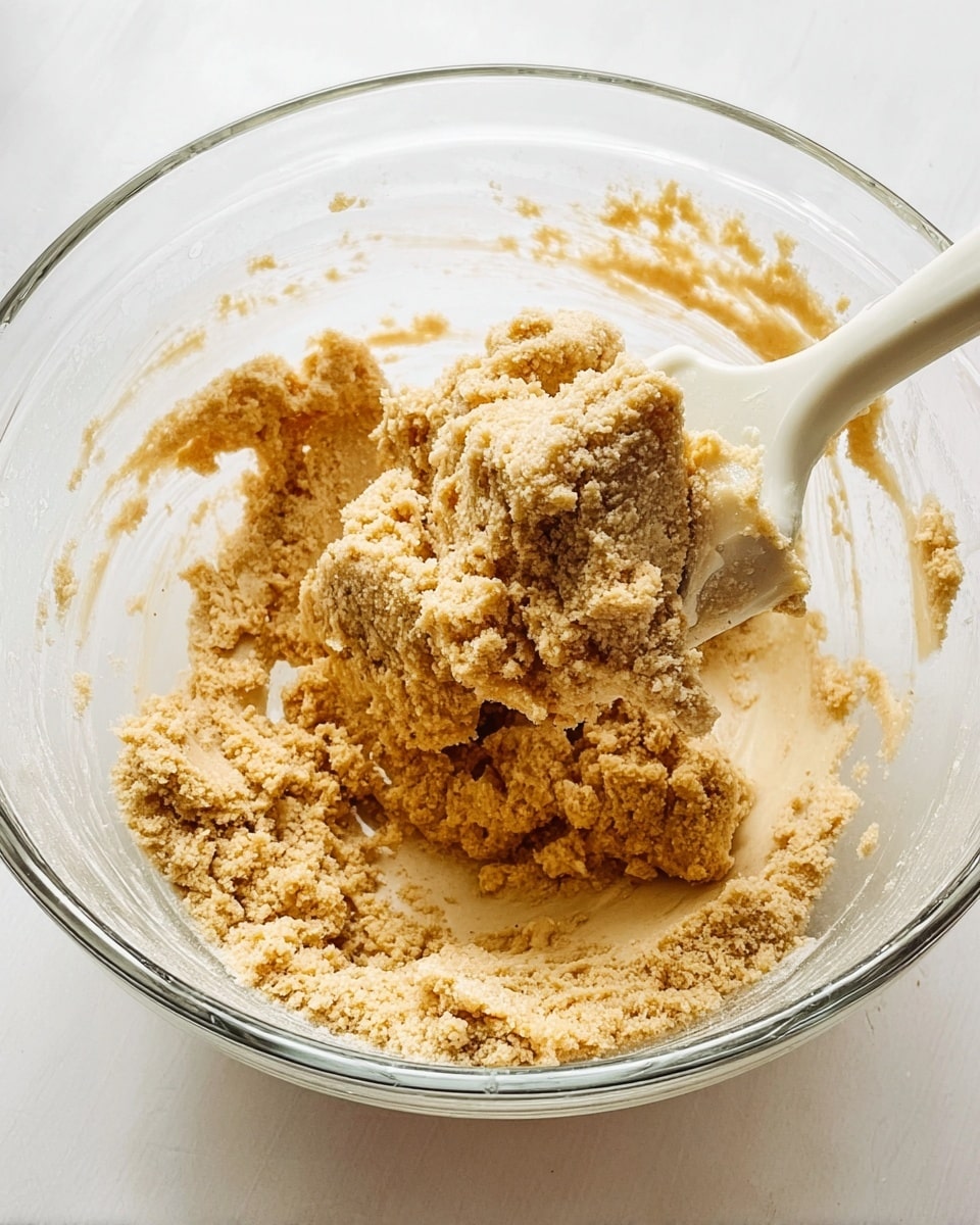 A clear glass mixing bowl holds a thick, crumbly dough mixture in mid-stir, with a white spatula lifting some of the light brown, coarse dough that has a slightly grainy texture. The dough covers the bottom and some sides of the bowl, showing a mix of clumped and loose bits. The bowl sits on a white marbled surface, with soft, natural light enhancing the dough's texture and the bowl’s clear glass edges. photo taken with an iphone --ar 4:5 --v 7