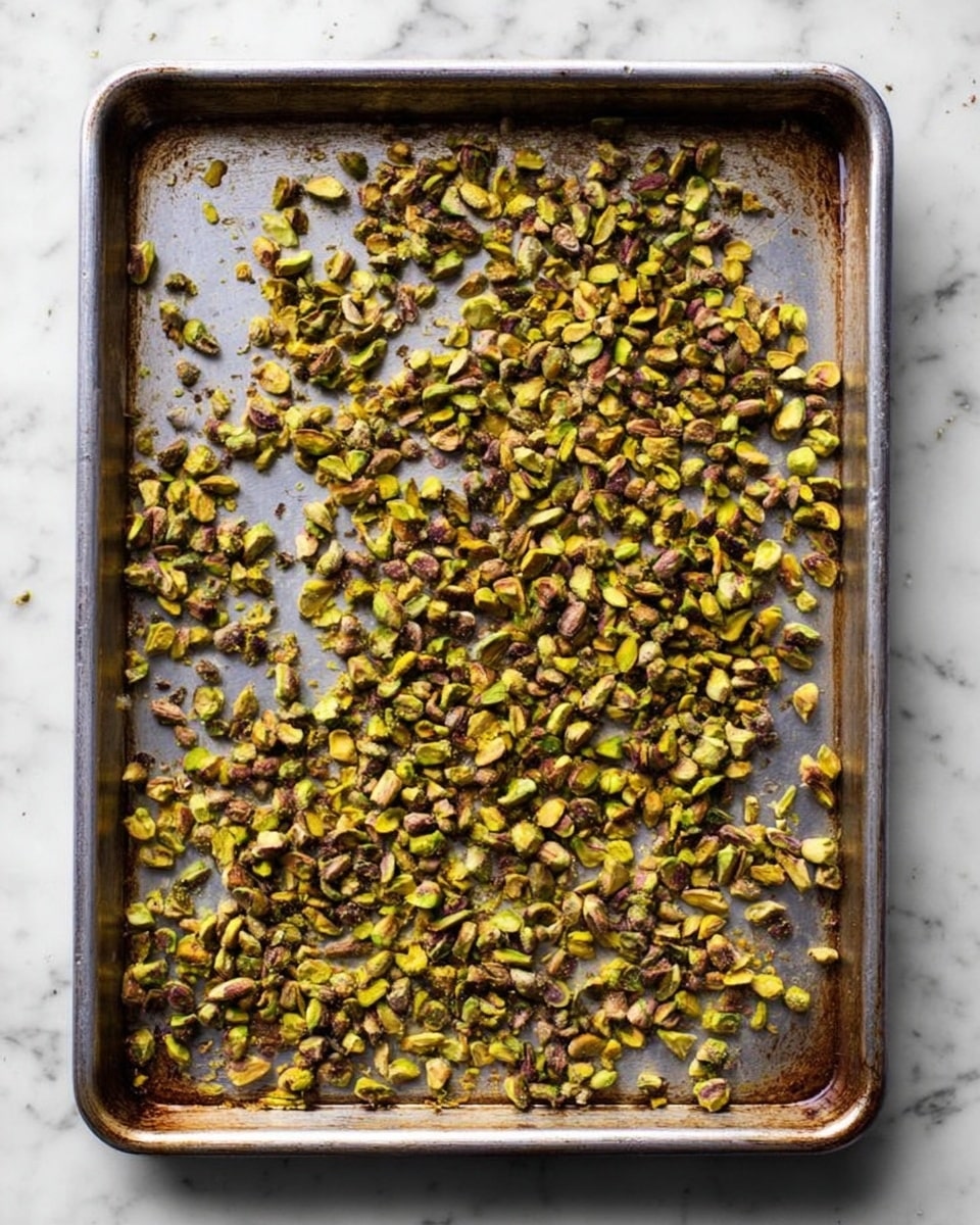 A metal baking tray filled with small chopped pistachios spread evenly across the surface. The pistachios have a mix of green and light brown colors with a slightly roasted texture. The tray shows some signs of use, with small marks and discoloration on the metal. The tray is placed on a white marbled surface. photo taken with an iphone --ar 4:5 --v 7
