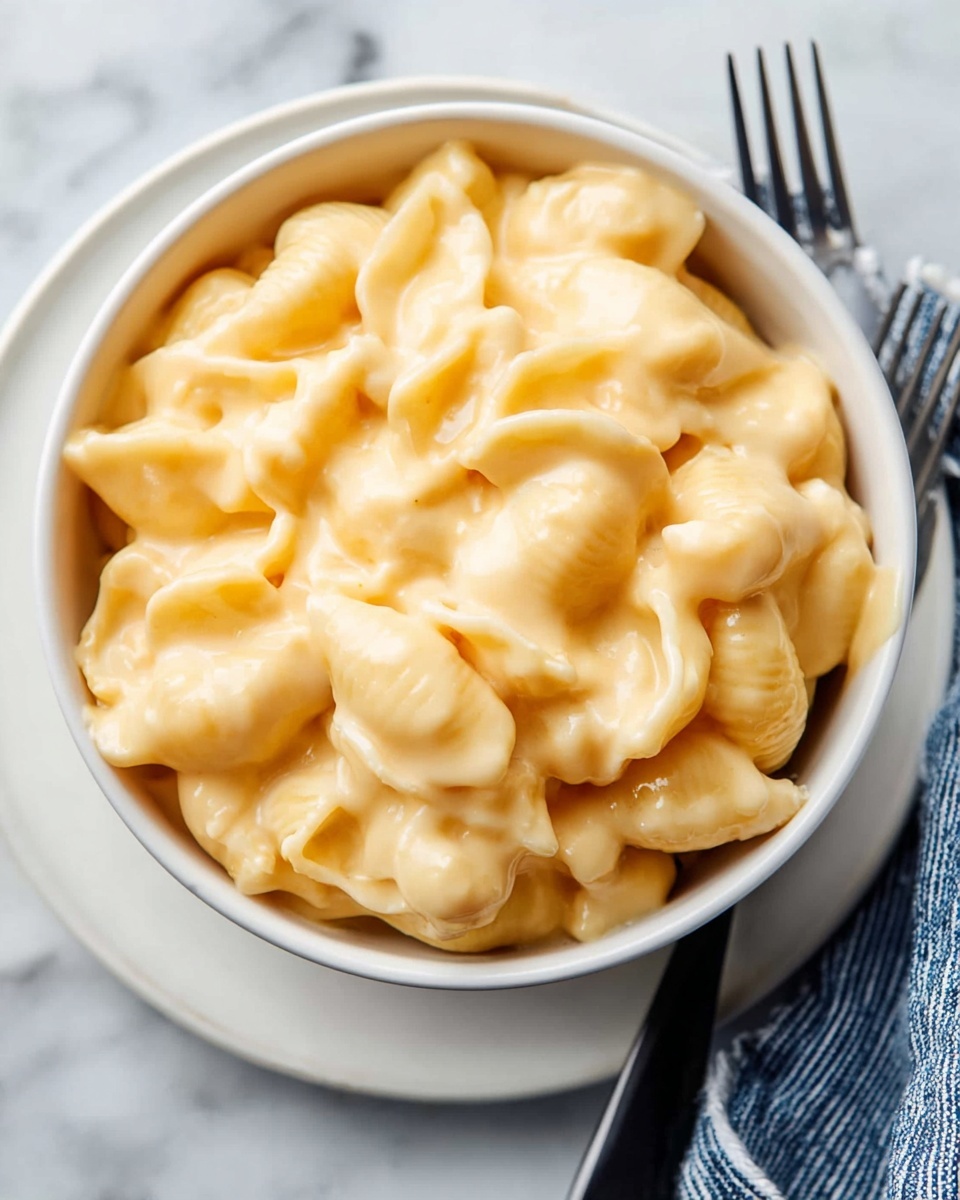Panera Mac & Cheese Recipe 6 A close-up view of a white bowl filled with creamy macaroni and cheese, showing small shell pasta pieces covered in a smooth, thick yellow cheese sauce. The bowl is placed on a white plate, which sits on a white marbled surface. To the right of the plate, there is a fork with a black handle and a woman's hand holding the handle gently. A blue and white striped cloth is partially visible in the top right corner. The colors are soft and warm, highlighting the creamy texture of the macaroni and cheese. photo taken with an iphone --ar 4:5 --v 7